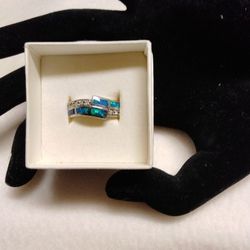 Australian Opal Inlay Ring.  925 Sterling Silver 