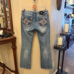 MISS ME Light Blue Embellished Rhinestone Signature-Rise Boot Jeans Size 30