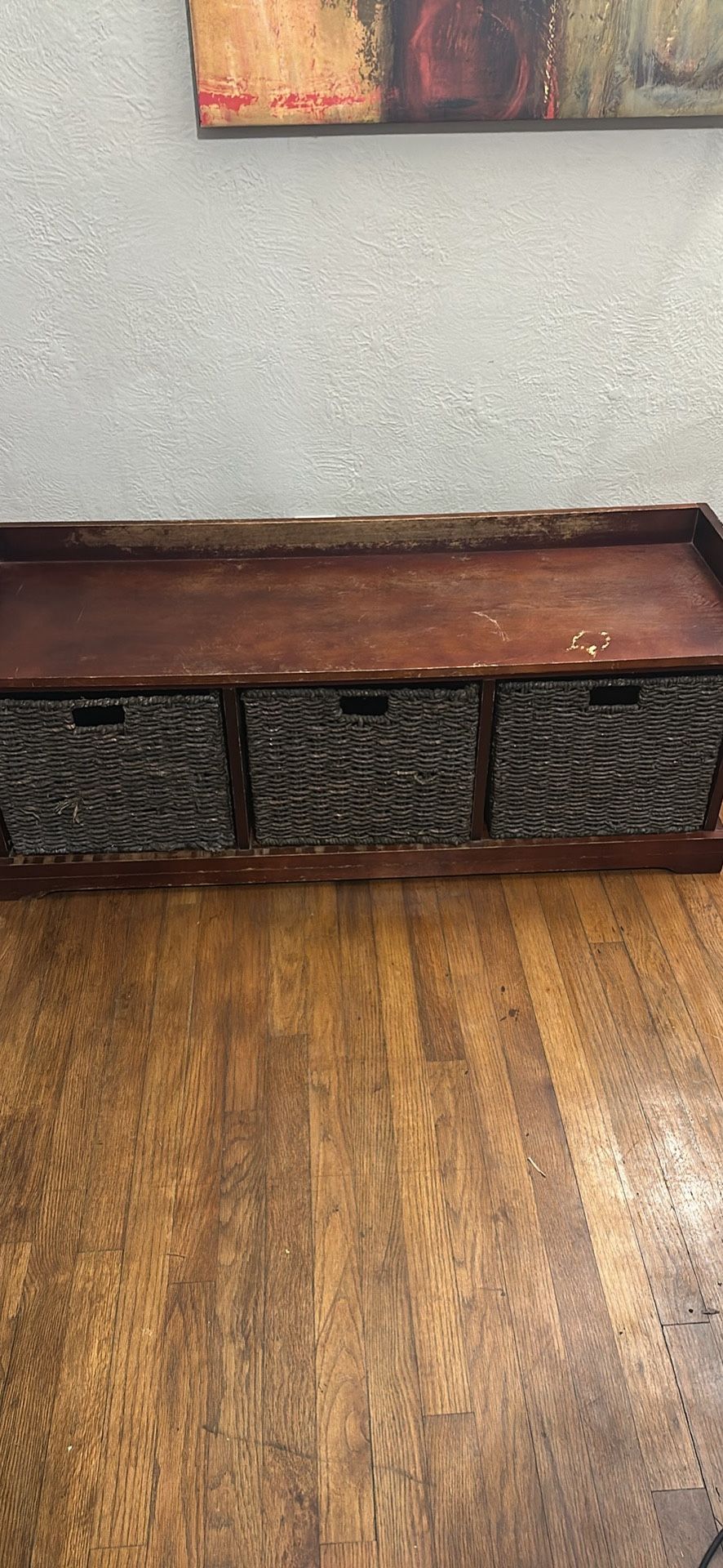 Storage Bench Four Foot Made of Wood w/ Three Wicker Baskets