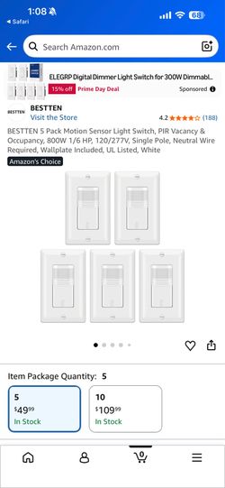 BESTTEN 5 Pack Motion Sensor Light Switch