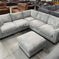 New! Light Gray Sectional, Sectional And Ottoman, Plush Sectional, Sofa, Couch, Soft Plush Couch, Corduroy Couch, L-shaped Sofa, Grey Corduroy Couch