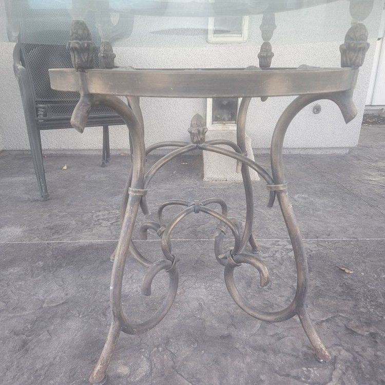 Glass Top Table, Iron Base, 4 Iron Chairs