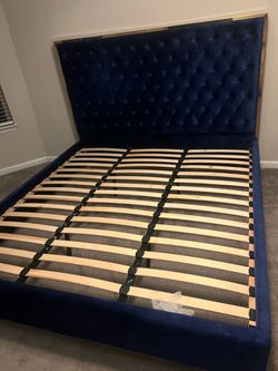 Blue King Sized Bed w/ Gold Trimming + White Nighstand(s)