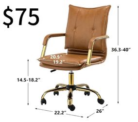 😀 CLATINA Faux Leather Home Office Desk Chairs, Swivel Mid-Back Computer Chair with Golden Legs and Arms, Comfy Upholstered Task Chair with Wheels, c