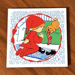 Vintage Jasco Ceramic Tile Trivet Praying Child With Dog On Christmas Eve Holiday Decor