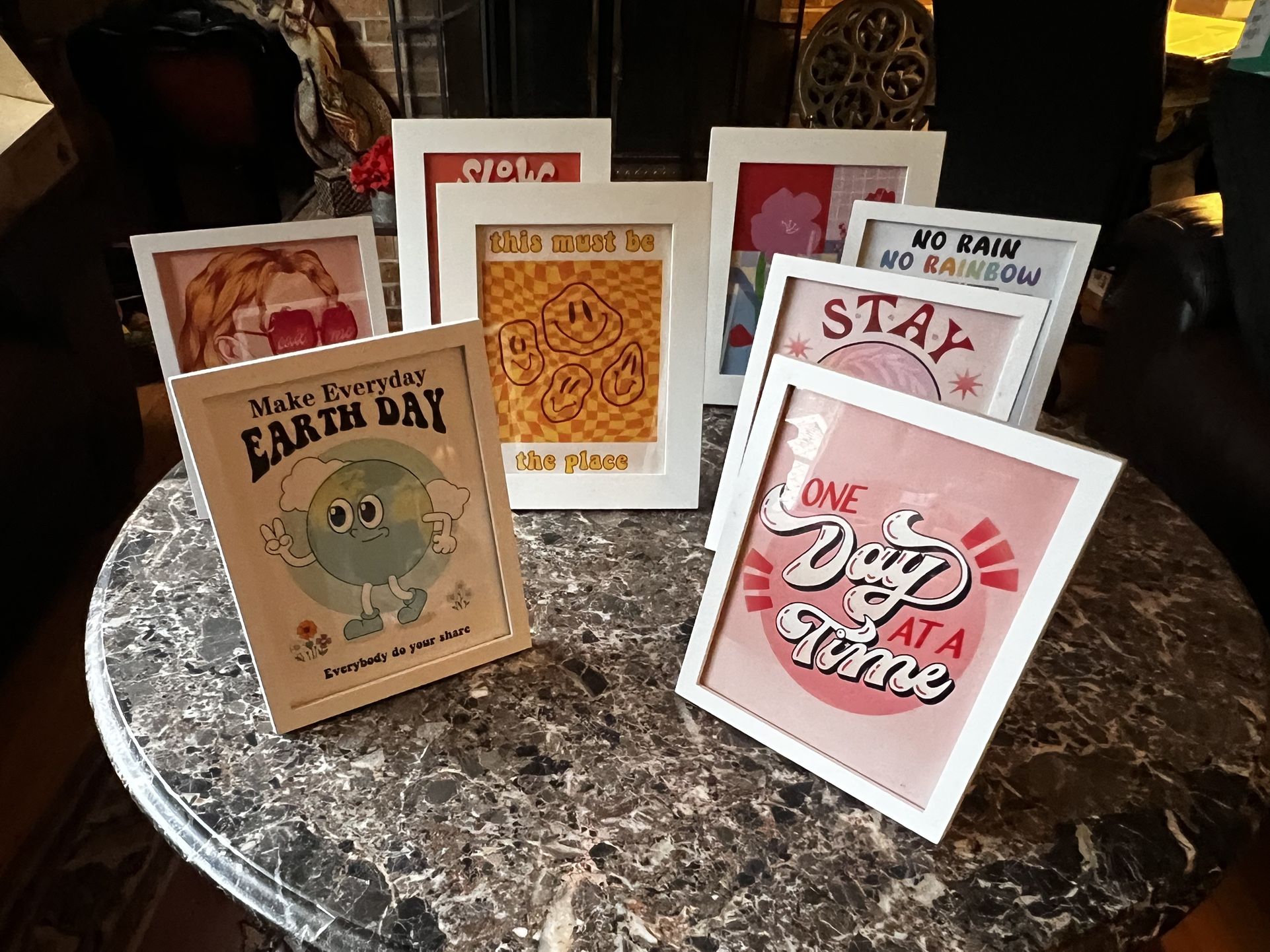 Lot of 8 gorgeous white frames 5 are 8x10 & 3 are 11x14 with inspirational colorful fun motivational themes etc