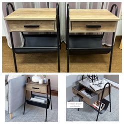 Nathan James Hugo wood nightstands, black metal frame, leather hammock, cloth drawer. $30ea. See all pics