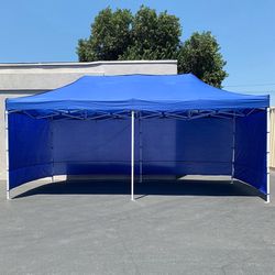 (NEW) $225 Heavy Duty 10x20 FT Canopy (with 4 Sidewalls) Ez Pop Up Outdoor Party Tent w/ Carry Bag (White/Blue)