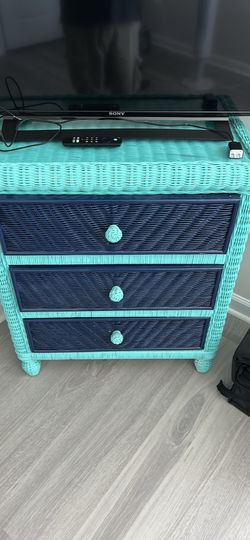 Teal and navy blue 3 drawer wicker dresser