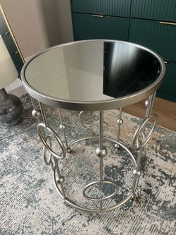 Two Glam Round Silver Side Table with Mirror Top – Decorative Metal Base
