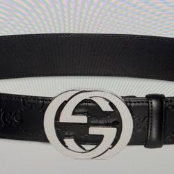 GUCCI BELT WITH INTERLOCKING G BUCKLE, BLACK LOGO LEATHER