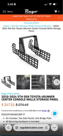 Rago Fabrication 2010-2024 5th Gen Toyota 4Runner Center Console Molle Storage Panel