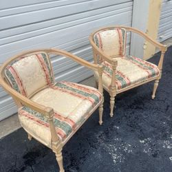 Pair of blonde wooden beige satin patterned chairs 27” high , 24” wide ,22” depth…