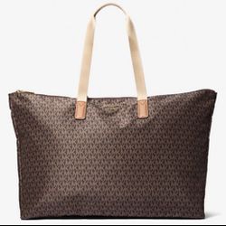 Jet Set Travel Large Signature Logo Print Woven Tote Bag NEW MICHAELS KORS