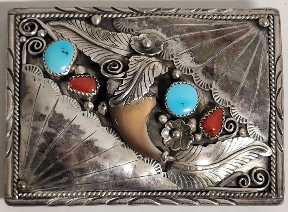 925 Sterling Silver Bear Claw Belt Buckle With Turquoise & Coral