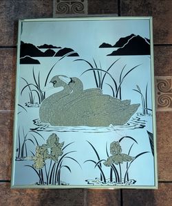 Vintage 80's Swan etched mirror