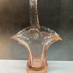 Beautiful Vintage Westmoreland Pink Depression Glass Basket/flower vase.  Ruffled Edge Ribbed handle Etched