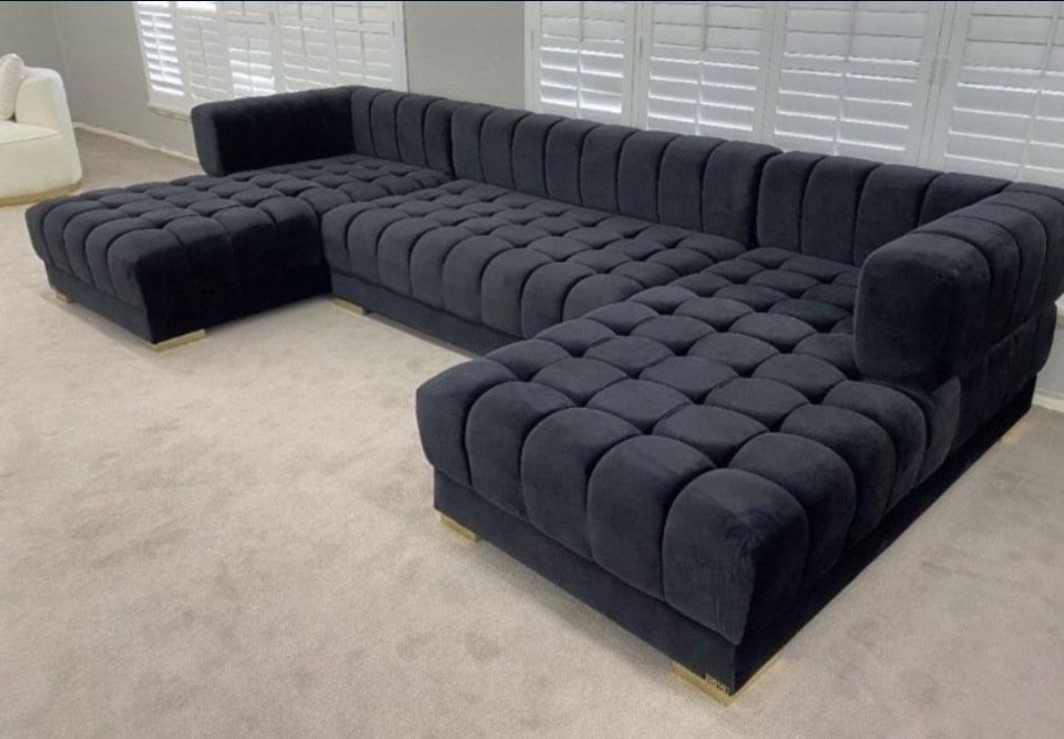 Lipa Black Velvet Double Chaise "U" Shape Sectional Sofa