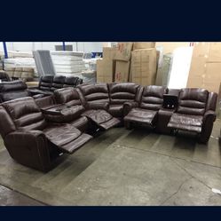 Brown Leather Fully Reclining Theatre Style Couch Set 