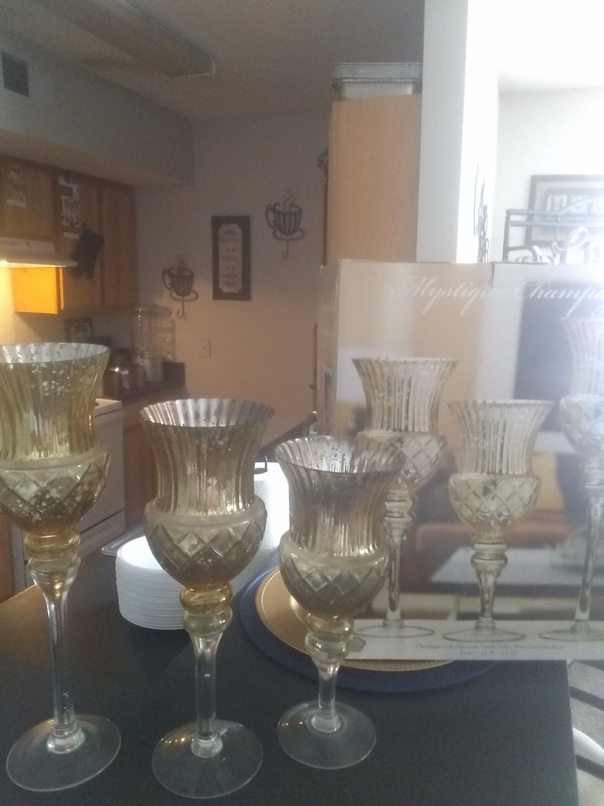Brand new hurricane candle holders (gold Glass)