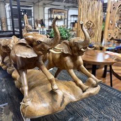 Hand Carved Elephant Herd Sculpture 