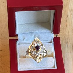 21k Solid Gold Ring With White Sapphires & Garnet Gem Stones.