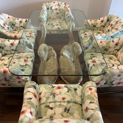 Glass Top Dining Table With 6 Fabric Wheeled Chairs 
