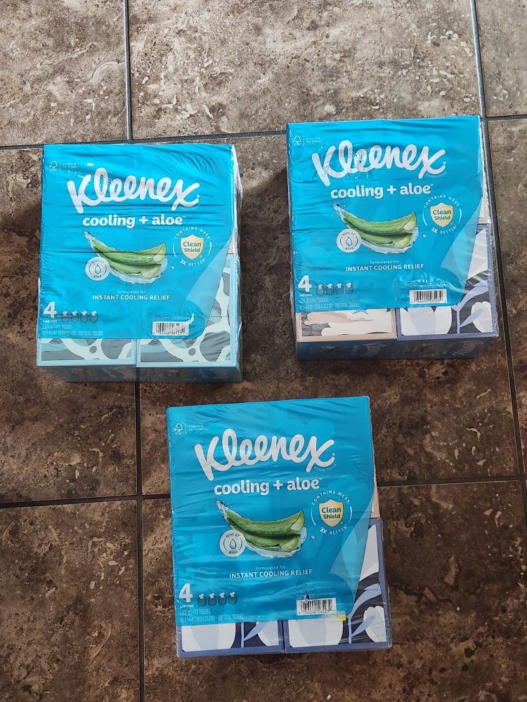 Brand New Packages Of Kleenex Cooling+Aloe Facial Tissues 4 Pack