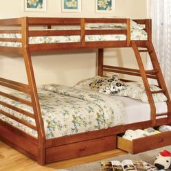 Brand New Oak Twin Over Full Bunk Bed w Trundle Drawers 