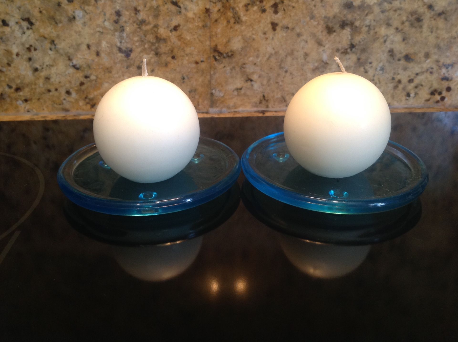 2 Blue Glass Candle Holders w/ White sphere candles - 2 for $4