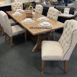 7 Pc 77” Rustic Oak Dining Table Set Brand New In Box 