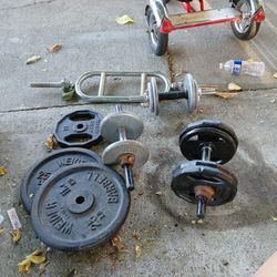 105 Lbs Of Weights And A Curlbar, And 3 Short Bars