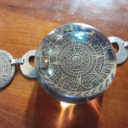 Aztec Calendar with Skelton Center Sterling Silver Bracelet 