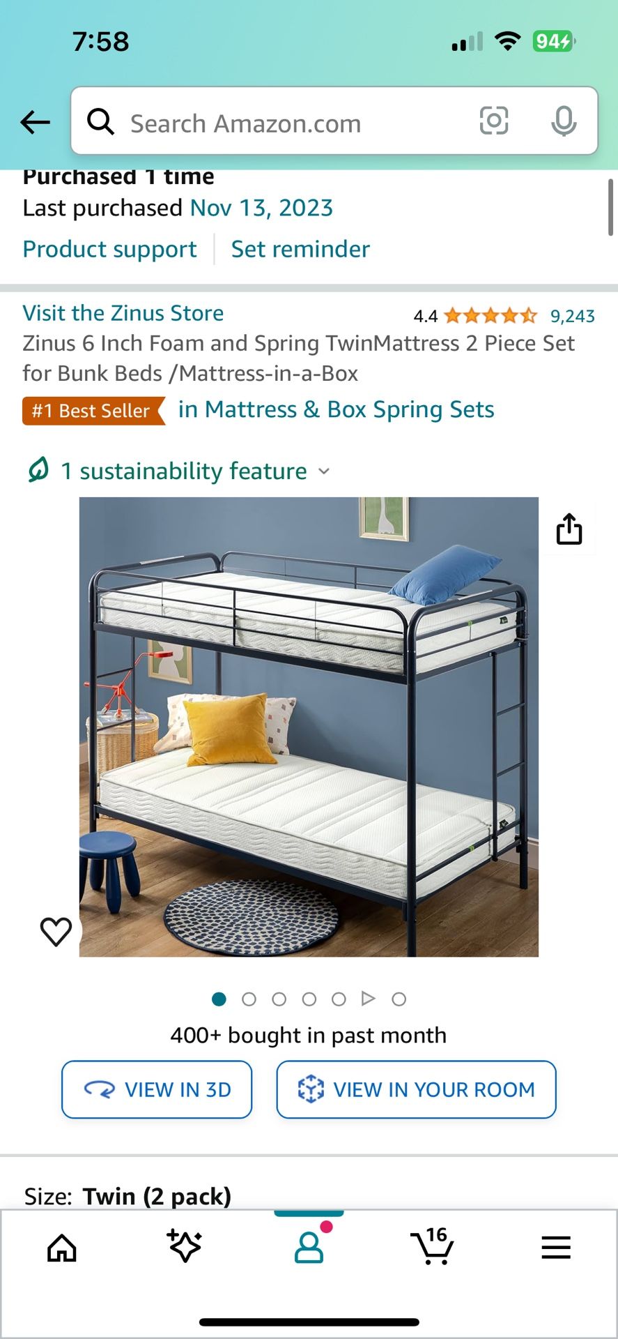 2 - Zinus 6 Inch Foam and Spring TwinMattress