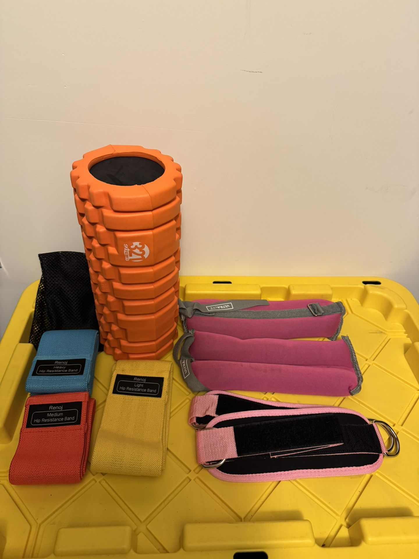 Gym Set (1 Foam Roller, 3 Level Resistance Bands, 1 Pair Of 5lbs Ankle Weights, 1 Pair Of Ankle Straps For Cable Machine)