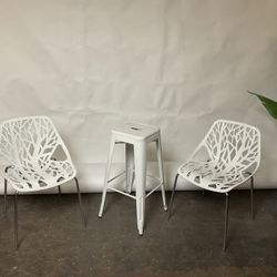 Set of 3: Modern White "Branch" Chairs (x2) & Industrial Stool