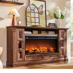 OKD TV Stand with Fireplace for up-to-80 TV, Farmhouse 72" Entertainment Center with 42" Electric Fireplace, TV Console with Glass Door Cabinets & Dra