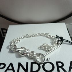 Pandora Authentic Brand New Solid Sterling Silver Knotted Hearts T Bar Bracelet 17 Cm Bracelet  SolNot Hollow 