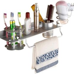 Bathroom Hair Dryer Holder Hair Blow Dryer Comb Holder Organizer Shelf Rack Stand Wall Mounted Hanging Rack with Cup Space Aluminum (with Toothbrush H Thumbnail