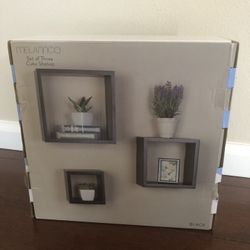 Unopened  Floating Wall Square Cube Shelves for Bedroom, Living Room, Bathroom, Kitchen - Wood, Set of 3, Black