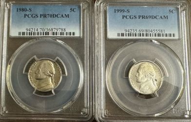 Lot of (2) 1980-S PR70DCAM & 1999-S PR69DCAM Jefferson Nickels PCGS Proof