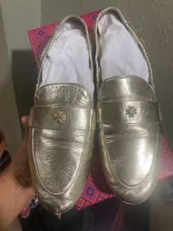 Tory Burch Ballet Loafer Metallic Gold Spark Leather Size 8