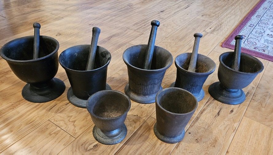 Antique cast iron Mortar and Pestles 7 Pcs