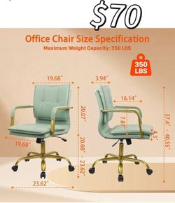 😀 CLATINA Leather Home Office Desk Chairs, Swivel Mid-Back Computer Chair with Golden Legs and Arms, Comfy Upholstered Task Chair with Wheels, Green