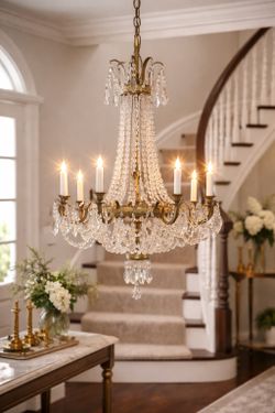Large Vintage Crystal Chandelier – Hollywood Regency Brass 8 Light Statement Piece
