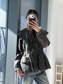 Black Genuine Leather Draped Collar Jacket - Size S