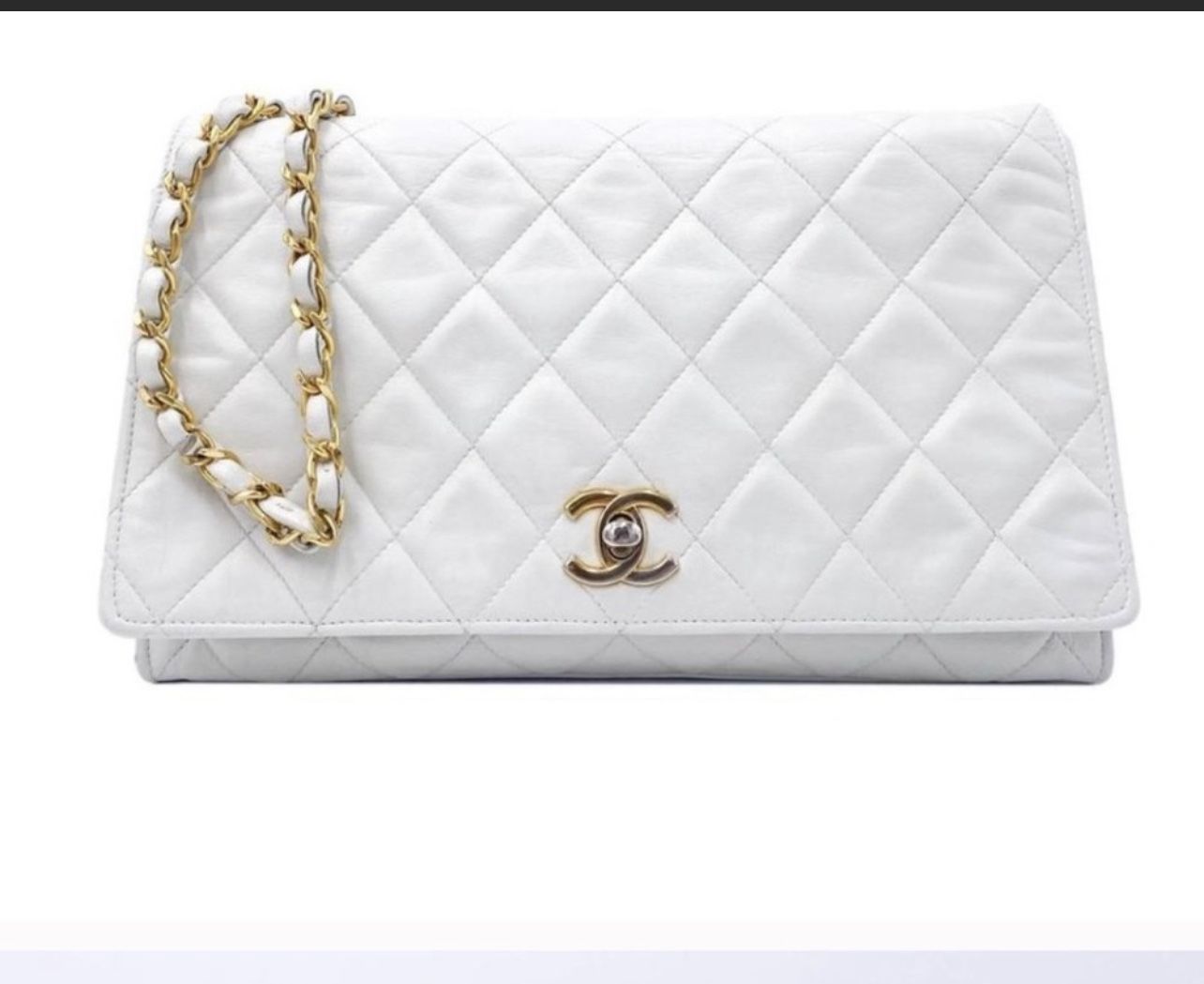 Auth CHANEL Classic White Gold Flap CC Vintage Purse Handbag Bag Crossbody Chain
