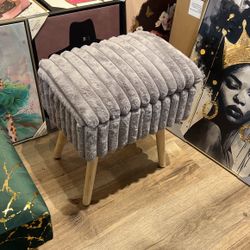 Grey Fluffy Faux Fur Ottoman With Storage Wooden Legs