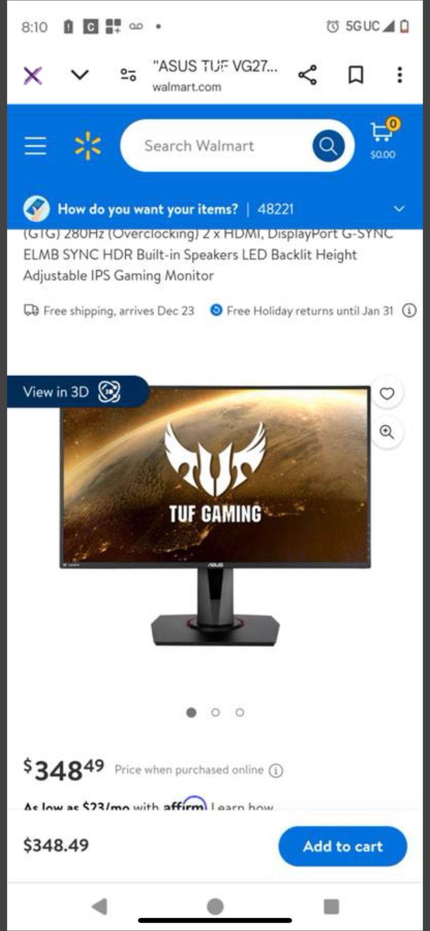 Asus Tuff 280 Htz Monitor.Brand New Box Is Damaged But Monitor Works.