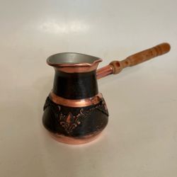 Vintage Embossed Copper Turkish Coffee Pot (Cezve/Ibrik) with Turned Wood Handle